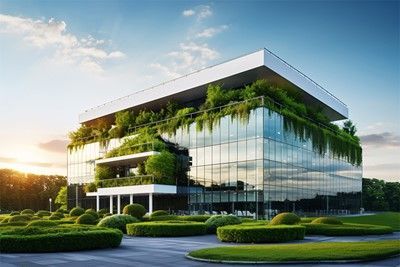 Modern glass building with green rooftop and surrounding greenery, blue sky.
