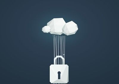 White polygonal cloud raining into a padlock on a dark blue background.