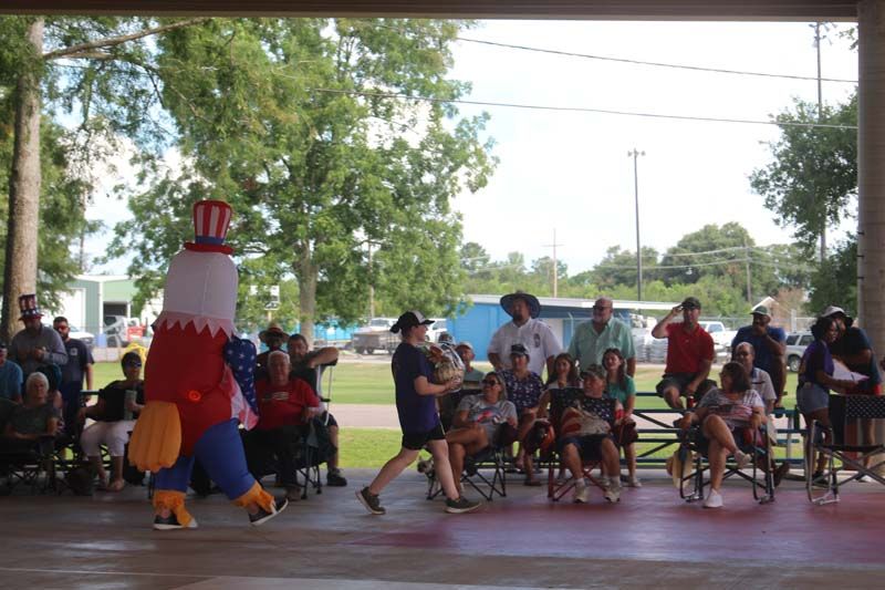 A group of people sitting in chairs watching a mascot