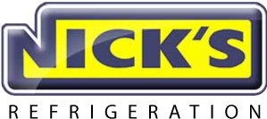 The logo for nick 's refrigeration is yellow and black