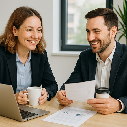 Two people in business attire at a desk, smiling and looking at documents and a laptop.