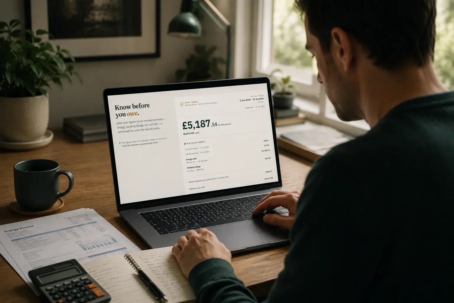 A business owner using the Smart Energy business energy bill calculator on a laptop, showing an itemised estimate with the total, energy, standing charge, CCL and VAT.