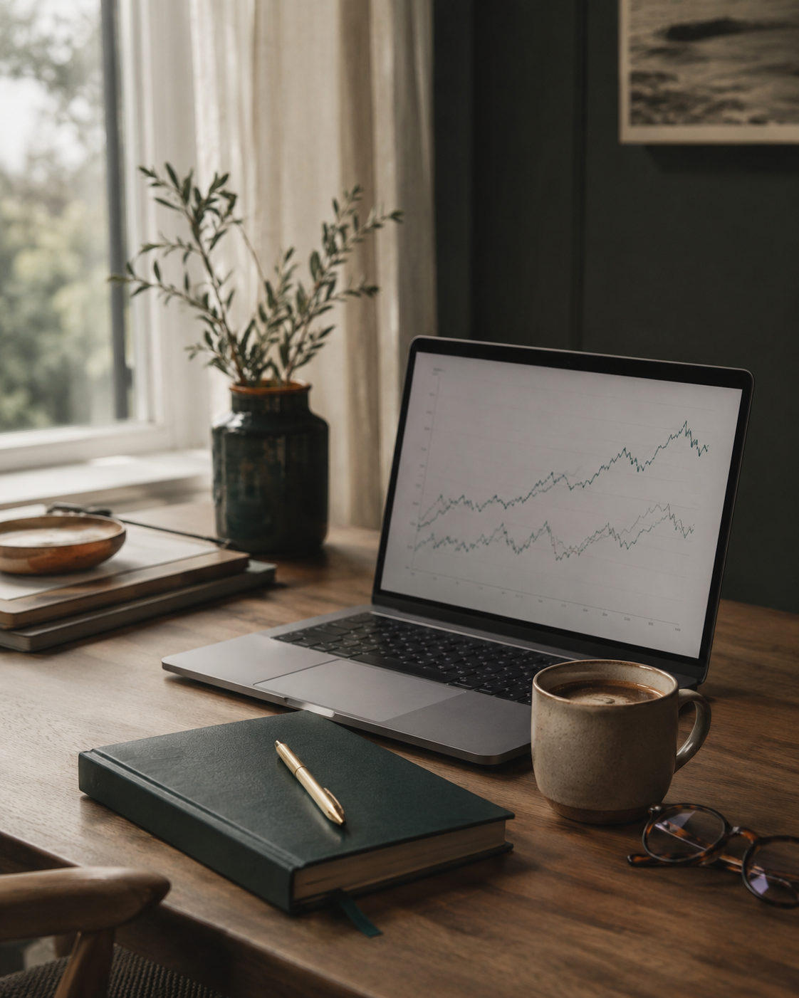A Smart Energy adviser's desk — energy market charts on a laptop, notebook and coffee by a window in soft morning light