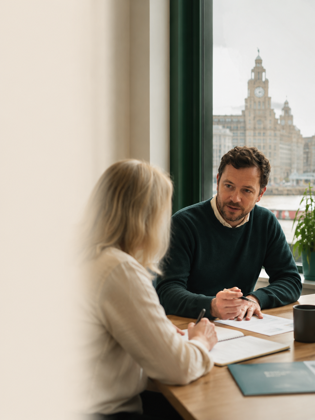 A Smart Energy adviser in conversation with a client in a Liverpool office overlooking the Royal Liver Building