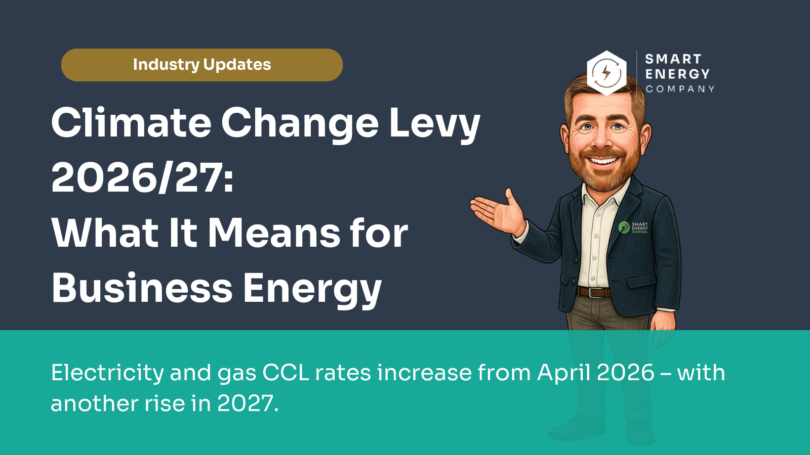 Man presenting on Climate Change Levy affecting business energy, with Smart Energy logo.