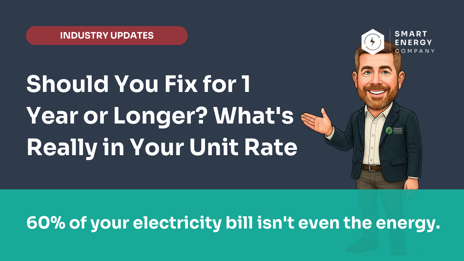 An educational graphic from Smart Energy Company asks if you should fix your energy rate, noting that 60% isn't energy cost.