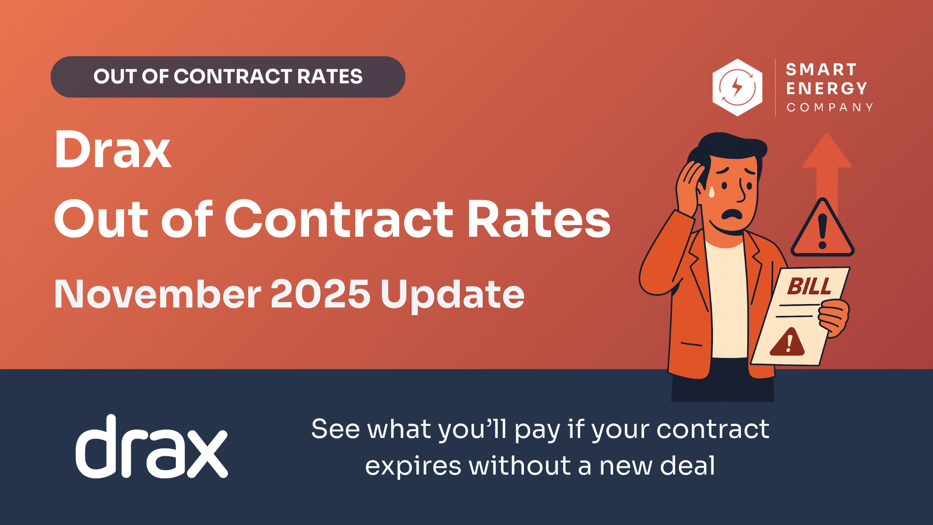 Announcement about Drax's out-of-contract rates, November 2025. A concerned person looks at a bill.