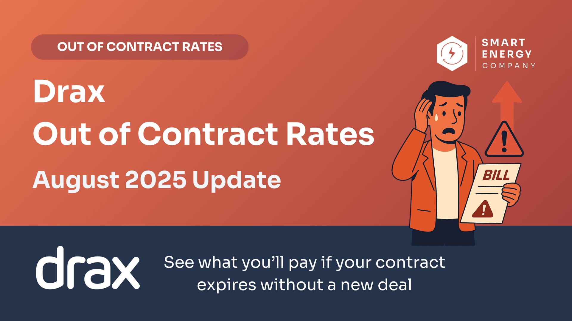 Graphic about Drax out-of-contract rates, showing a worried person looking at a rising bill, set against a red-orange background.