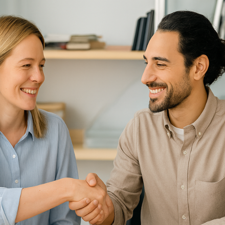 Woman and man shaking hands, smiling. Office setting with bookshelves in background.