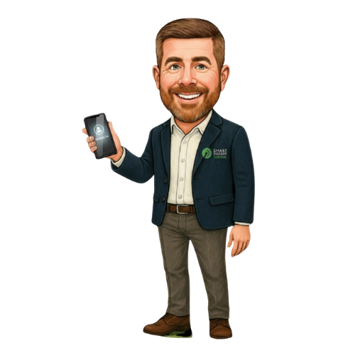 Animated man in blazer on phone, smiling, with a business logo on the jacket.