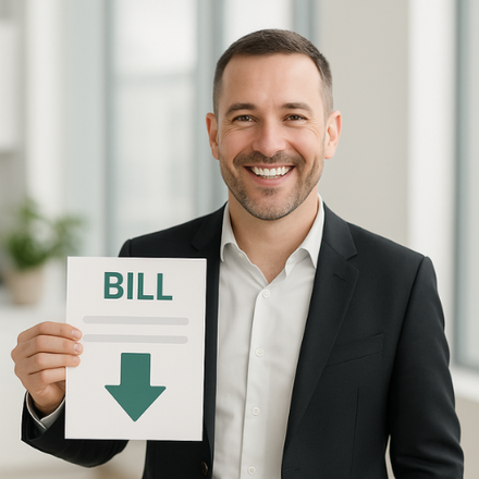 Man smiles, holding bill with downward arrow, in office setting.