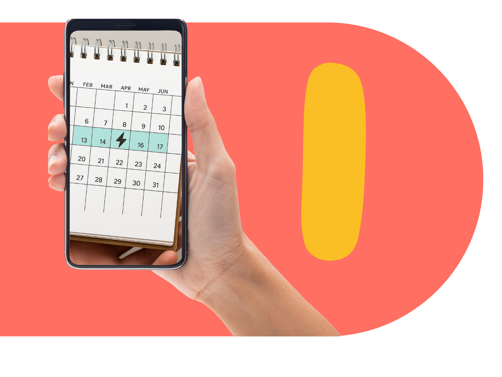 Hands holding a smartphone displaying an October calendar, tapping the screen against a coral background.