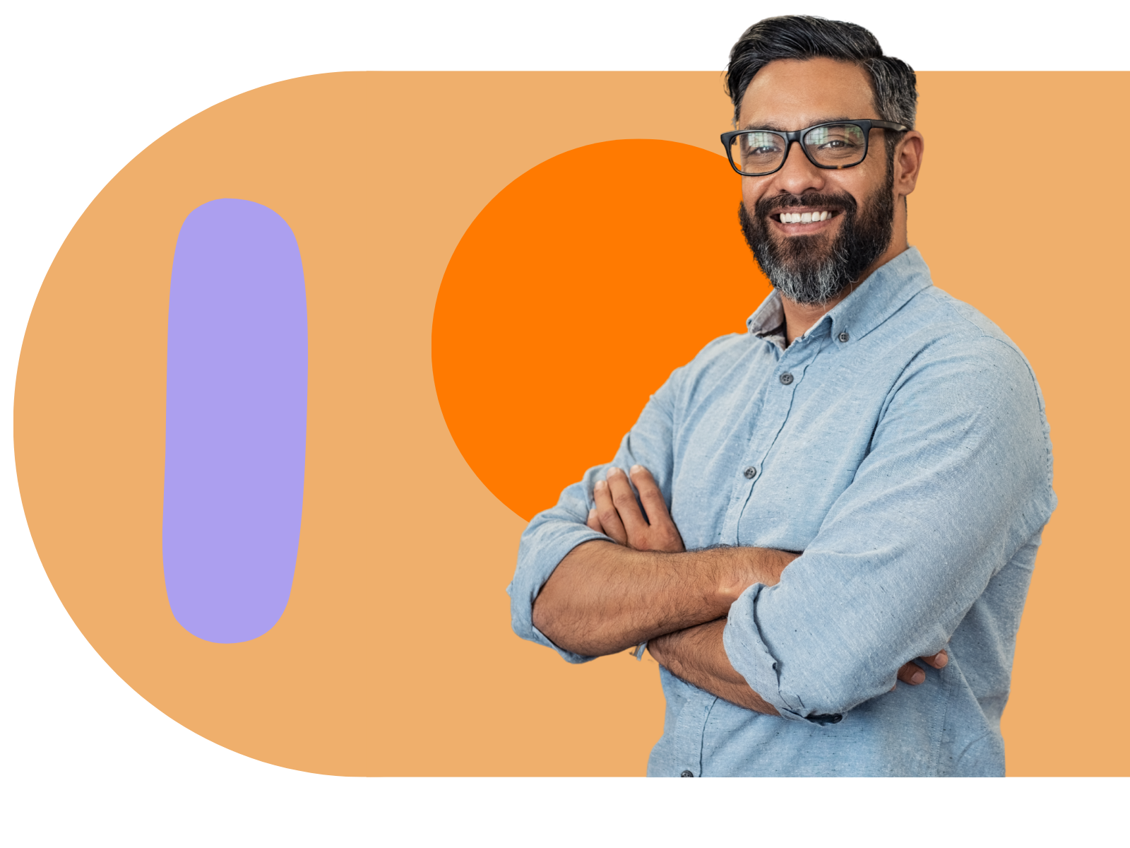 Man with a beard wearing glasses smiling, arms crossed, in front of orange and purple shapes.