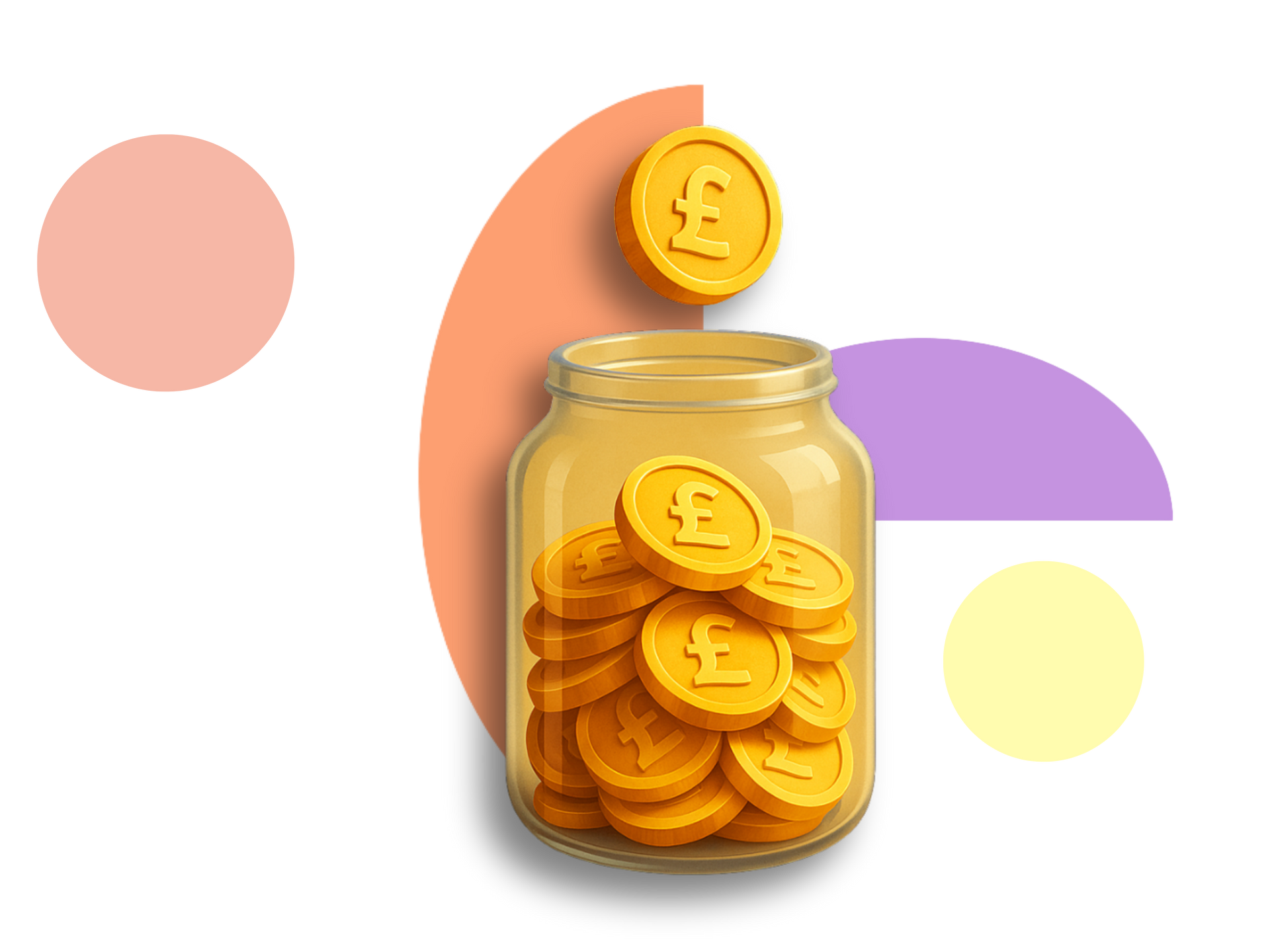 Jar filled with golden coins, a coin falling into the jar, with colorful abstract shapes.