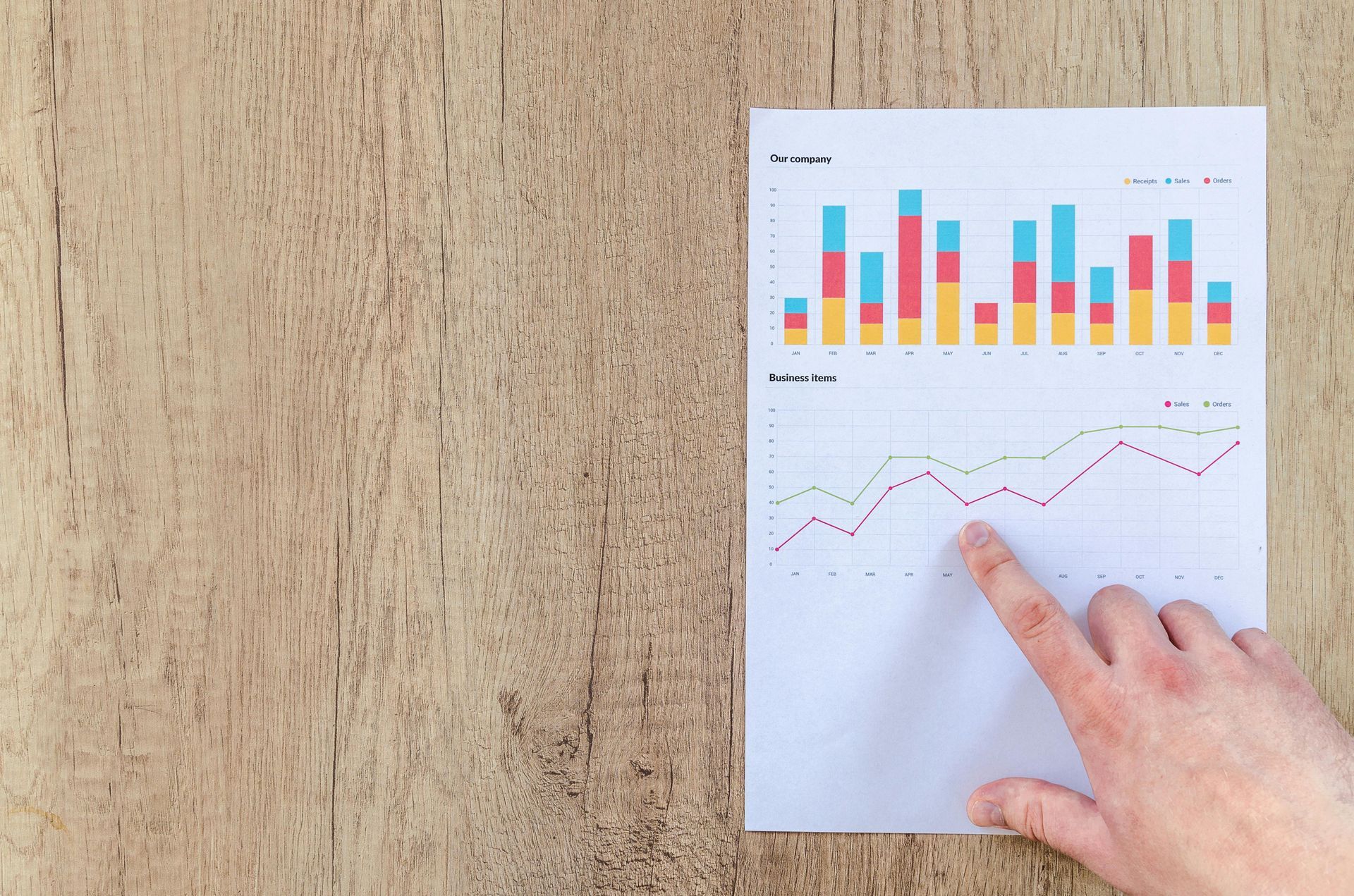 A person is pointing at a graph on a piece of paper.