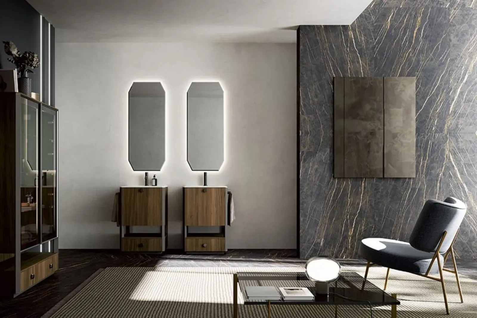 noce canaletto, arredobagno con piedini, mobile bagno , cerasa honey
