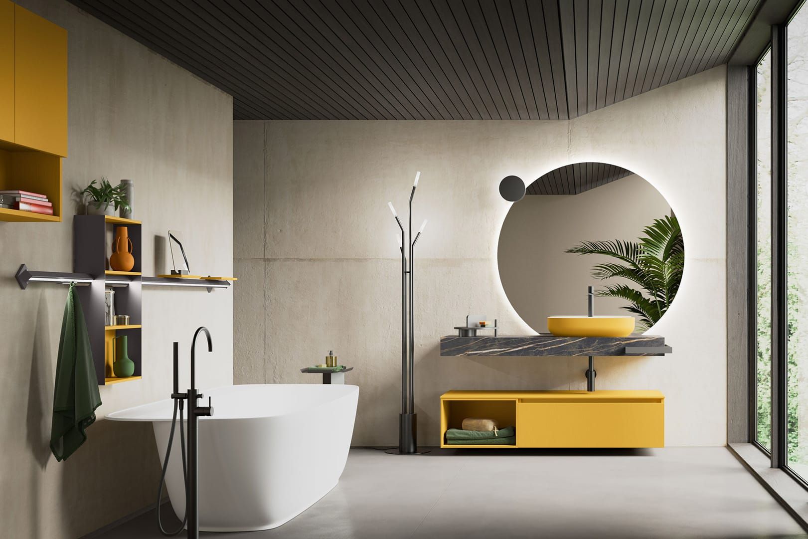 specchio retroilluminato, mobile giallo, top laminam, noir desir , caserta, aversa , teverola , rivenditori caserta, cerasa,