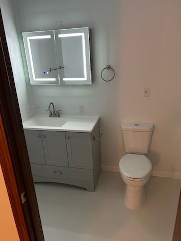 Bathroom with gray vanity, mirrored medicine cabinet with lights, and white toilet.