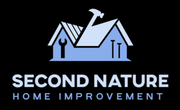 Logo for Second Nature Home Improvement: a light blue house icon with a wrench, nail, and hammer on a black background.