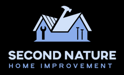 Logo for Second Nature Home Improvement: a light blue house icon with a wrench, nail, and hammer on a black background.