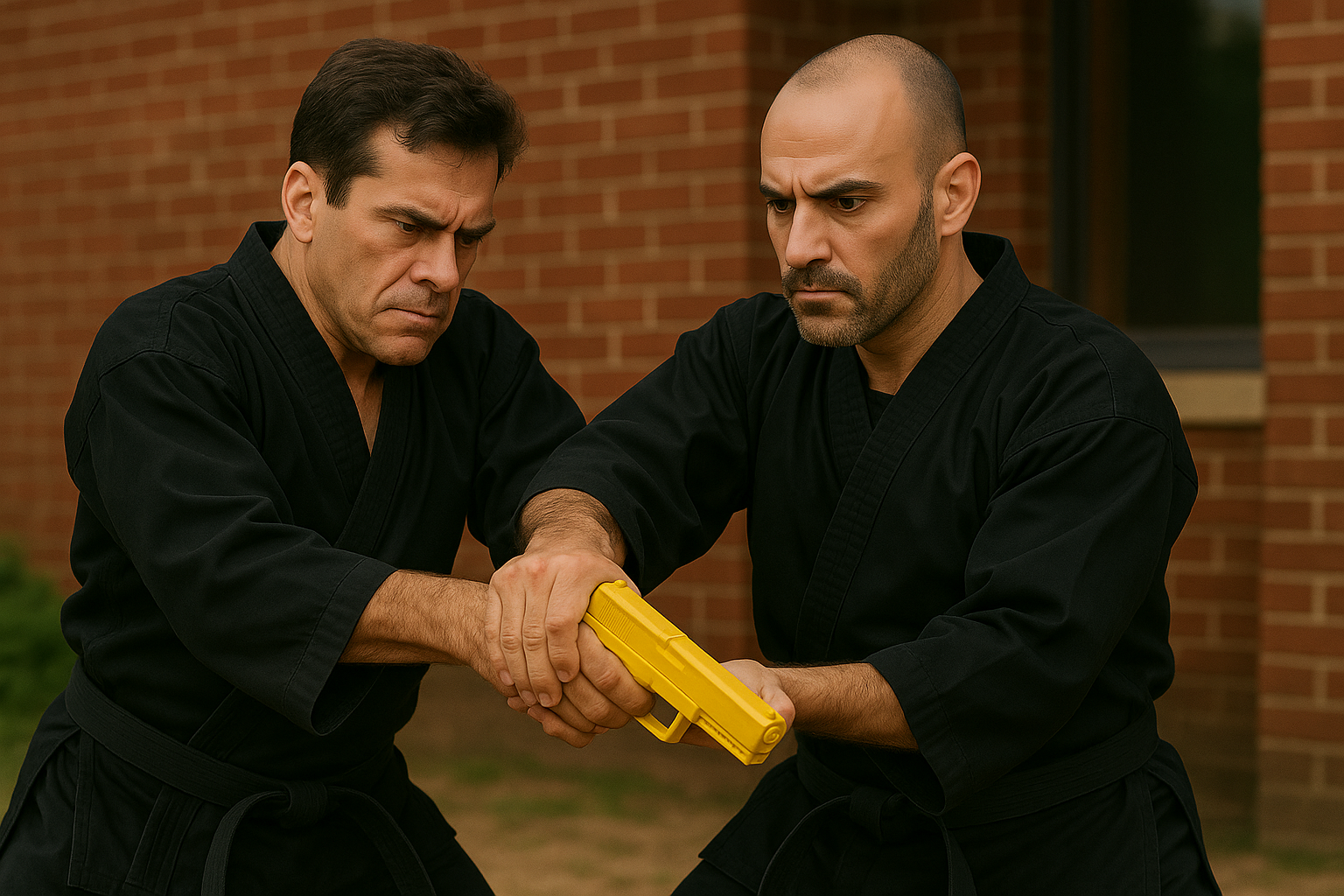 A man is holding another man 's hand while holding a yellow object.