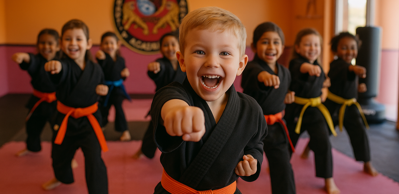 A group of young children wearing karate uniforms and purple belts.