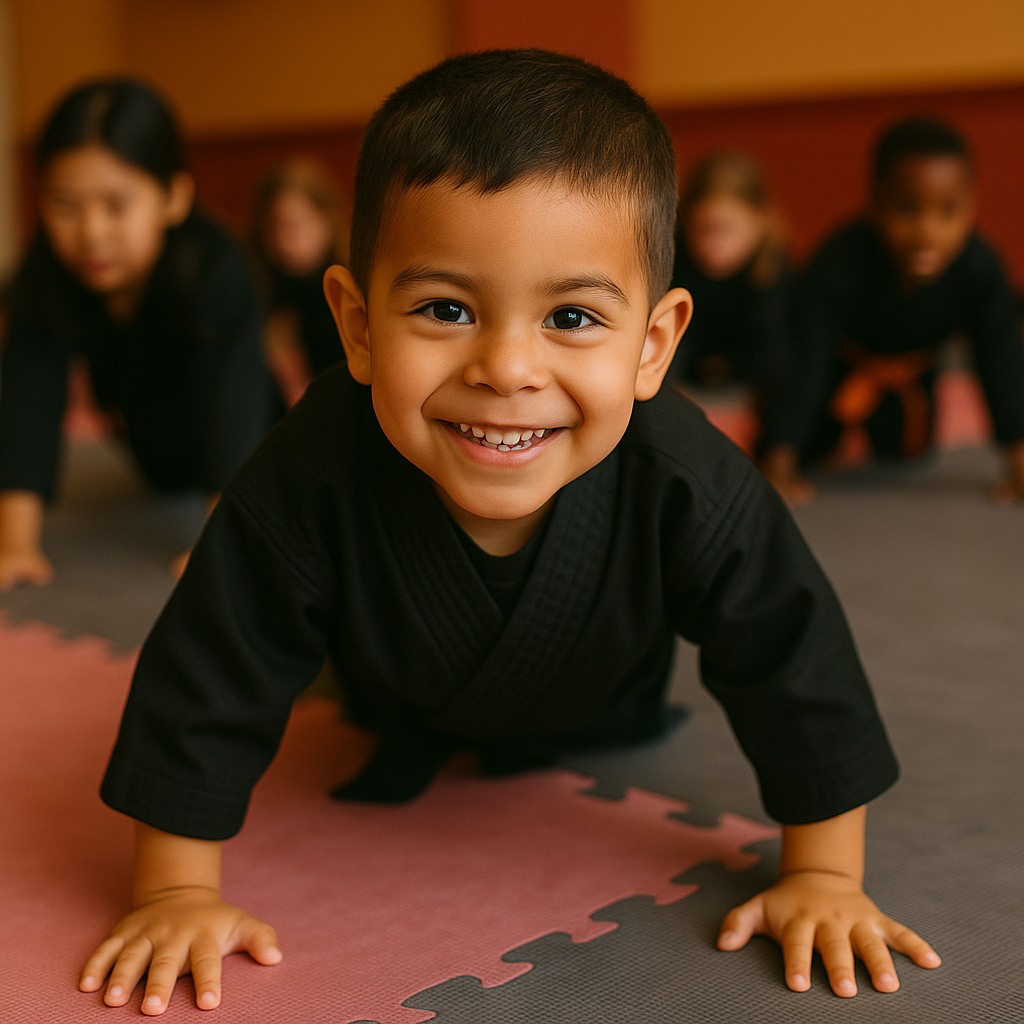 A young boy is wearing a white karate uniform and a purple belt.