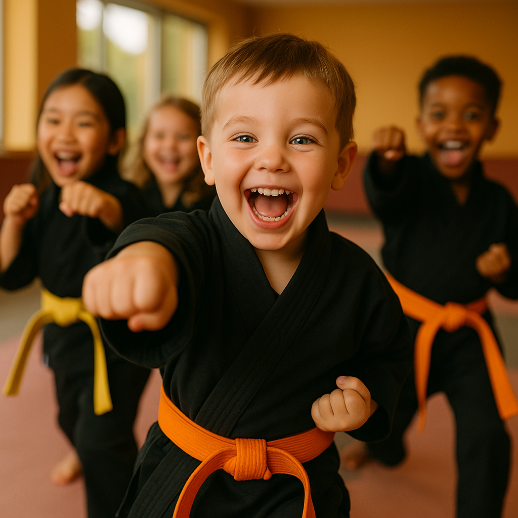 A boy and a girl are standing next to each other in karate uniforms