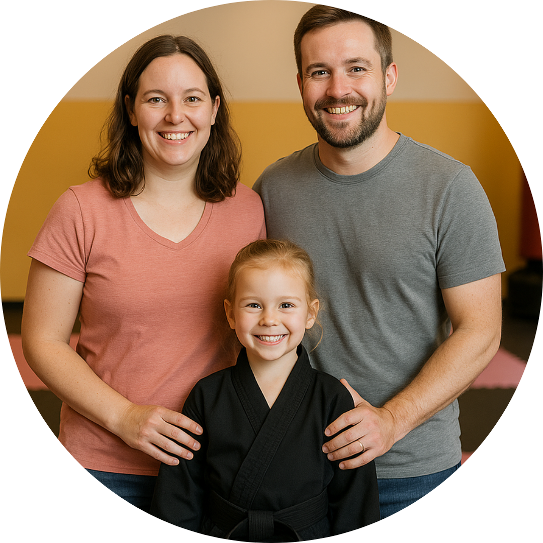 A man and woman are posing for a picture with a little boy in a karate uniform