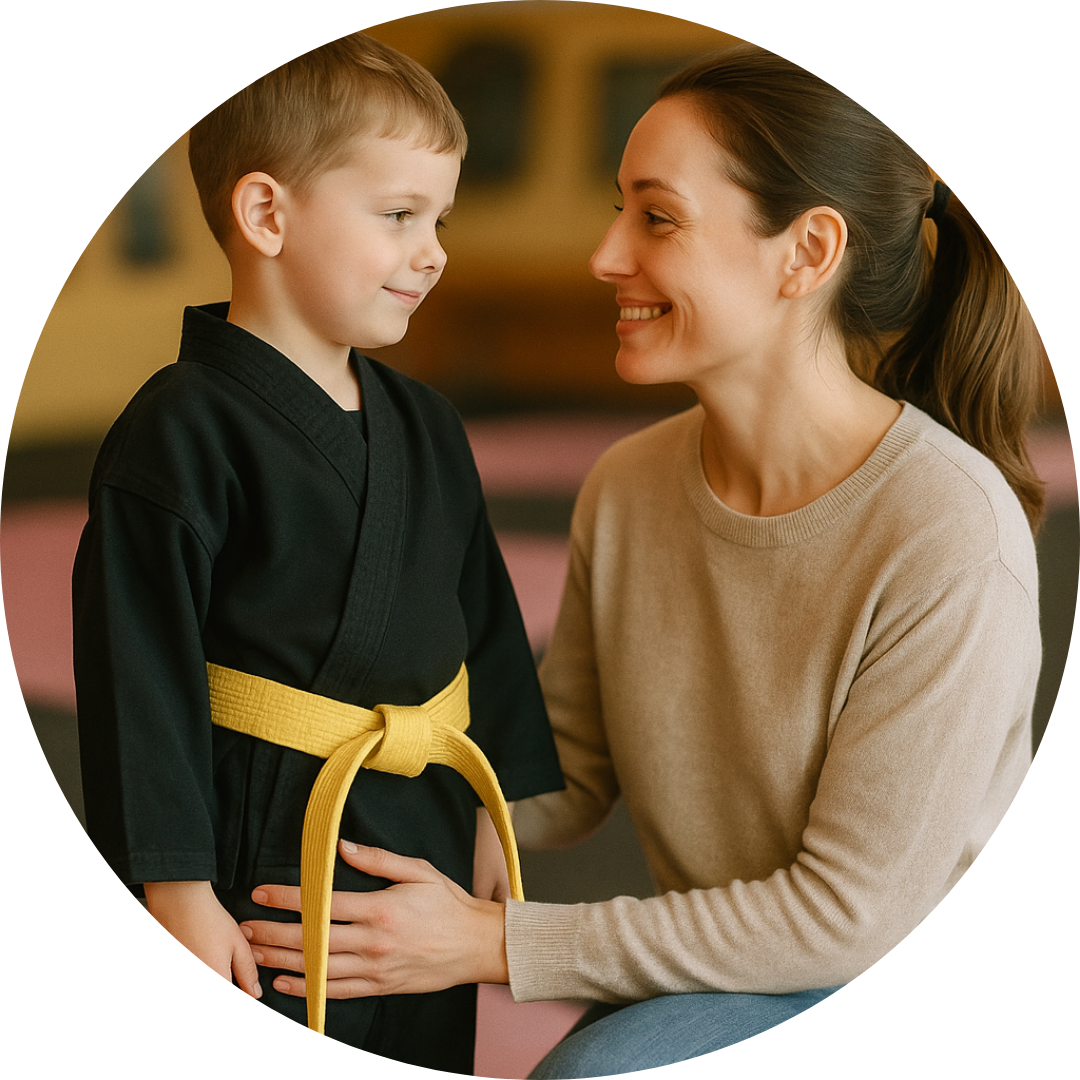 A woman and a young boy are looking at each other in a circle.