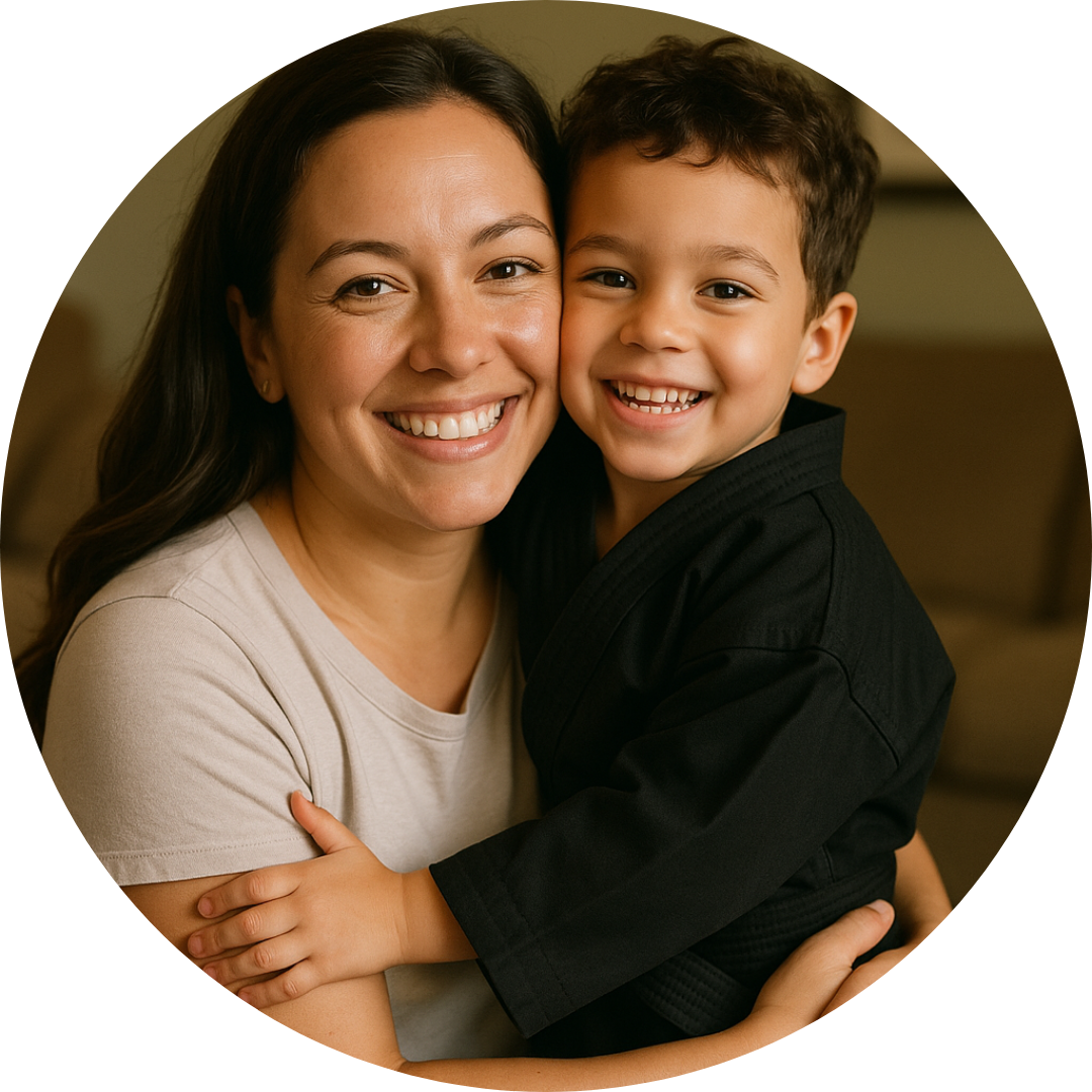 A woman is holding a child who is wearing a purple belt