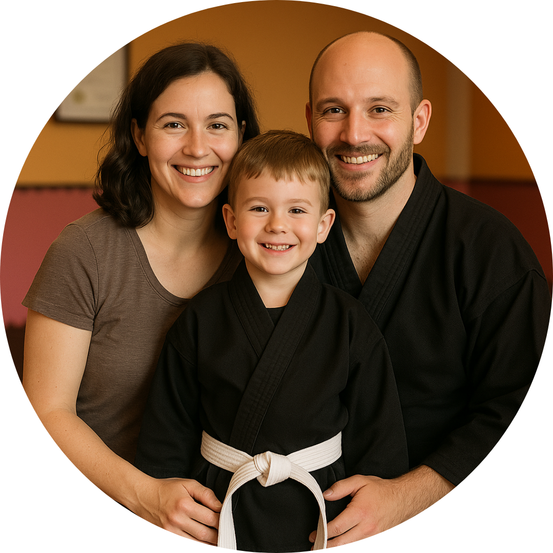 A man and woman are holding a little boy in a karate uniform.