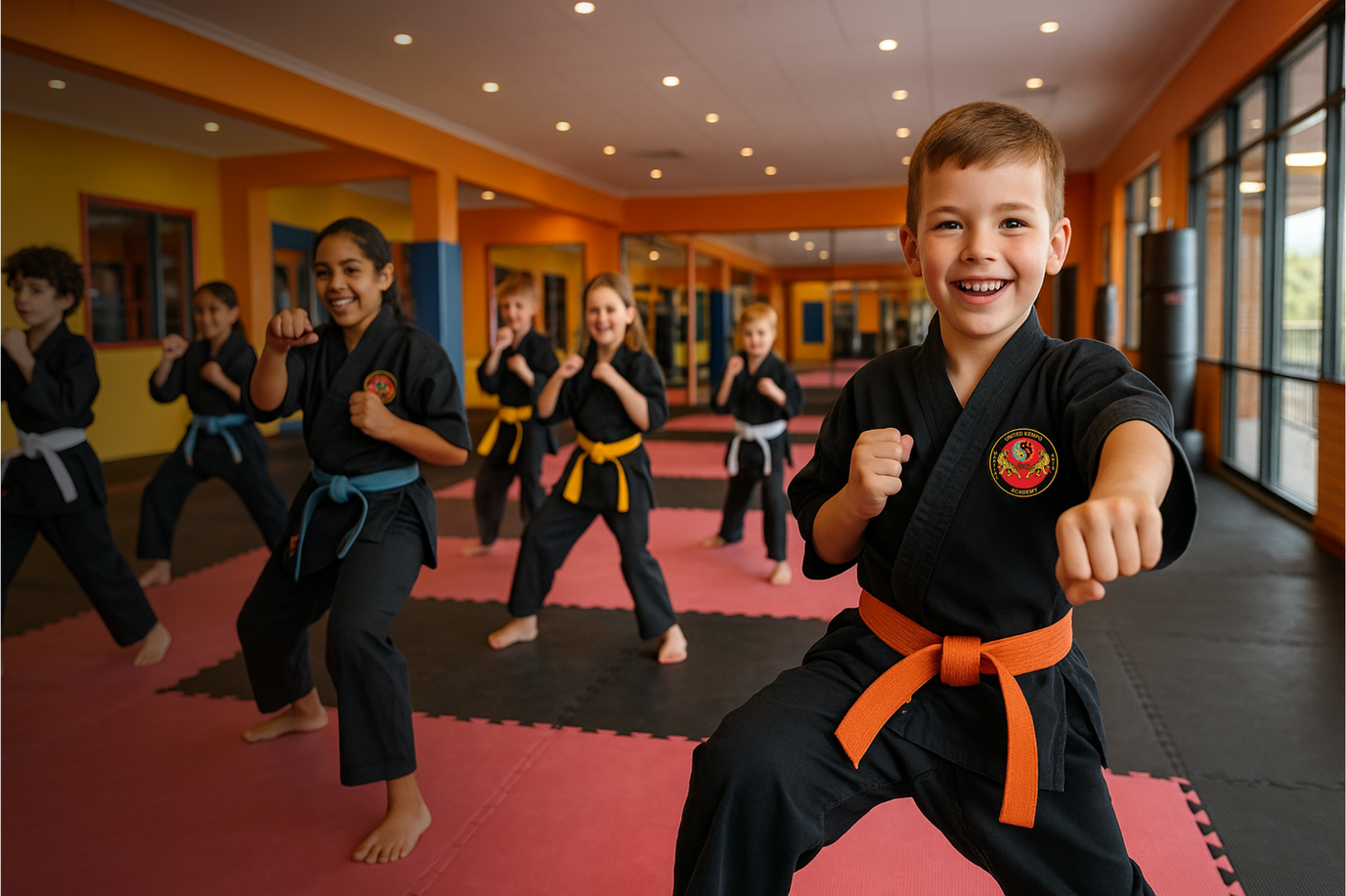 A group of children are practicing martial arts in a gym.