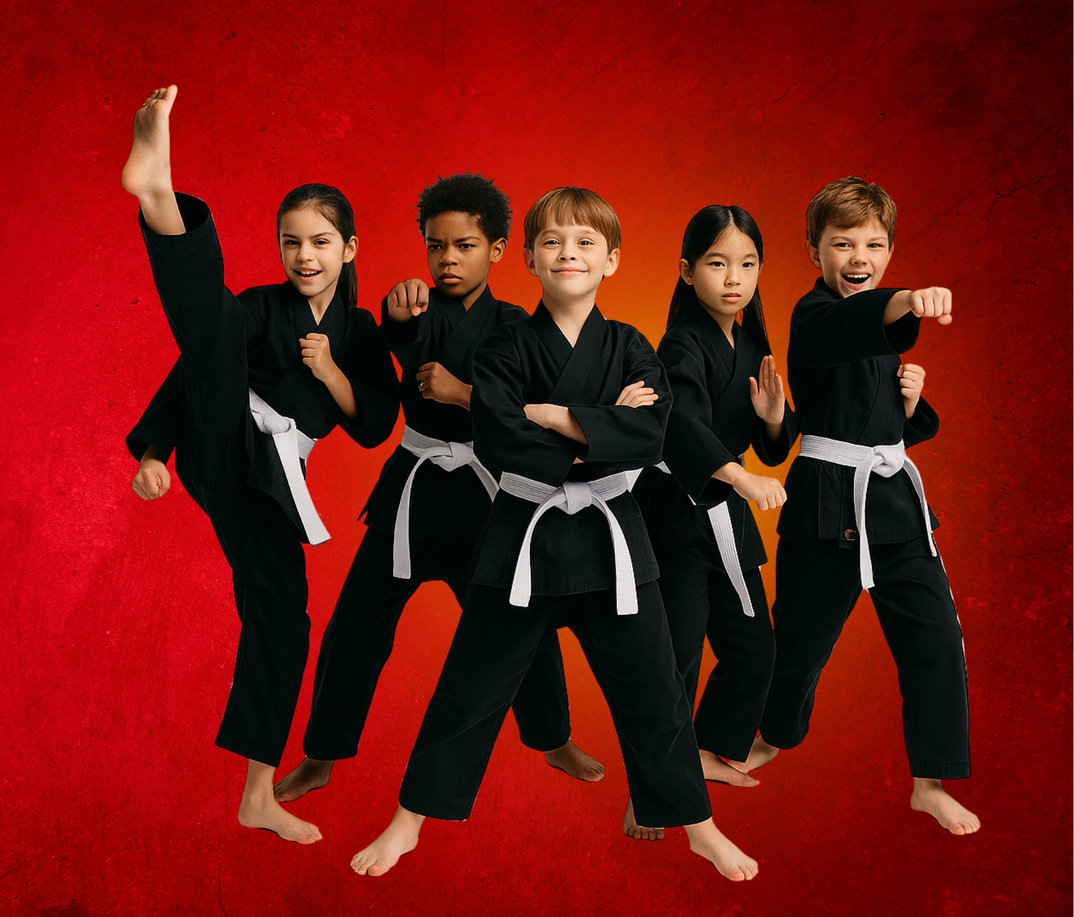 A group of young children are practicing karate on a red background.