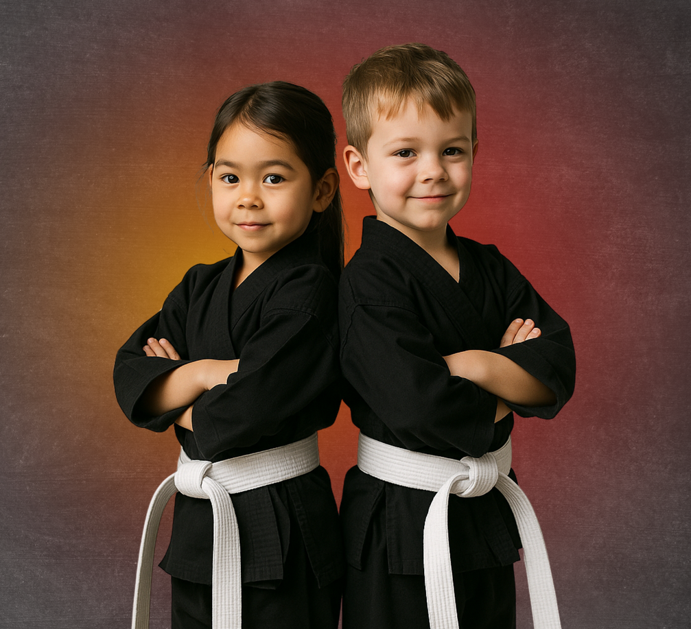 A boy and a girl are standing back to back with their arms crossed at United Kempo Austral.