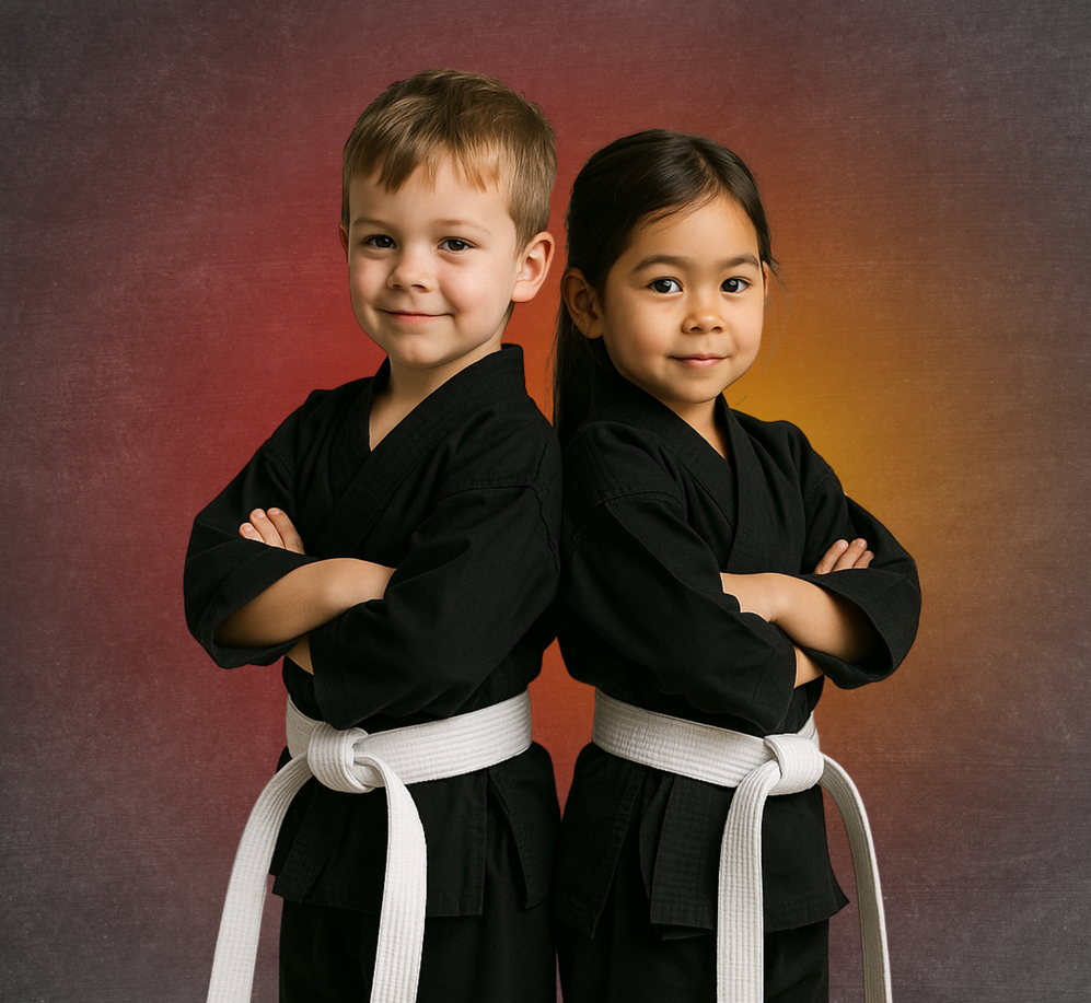 A boy and a girl are standing back to back with their arms crossed.