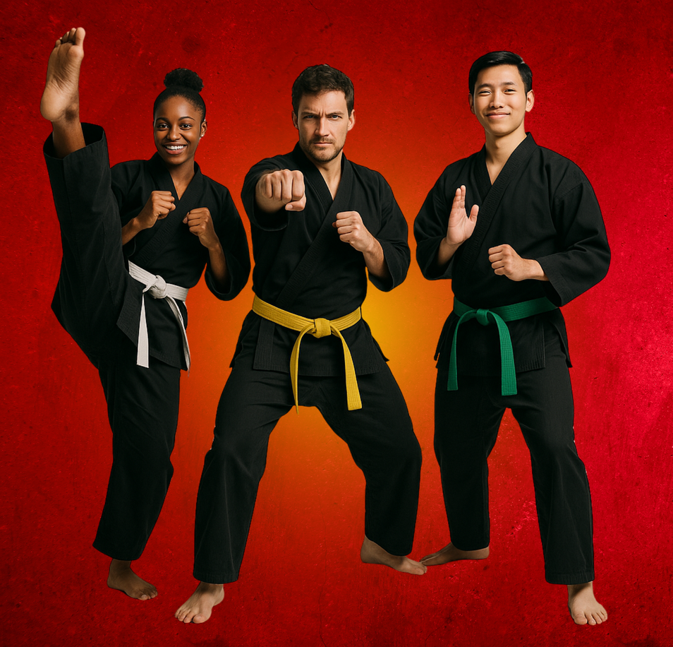 Three people in black karate uniforms are posing for a picture