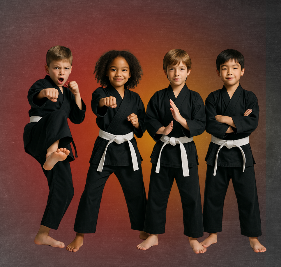 Four children in black karate uniforms are posing for a picture