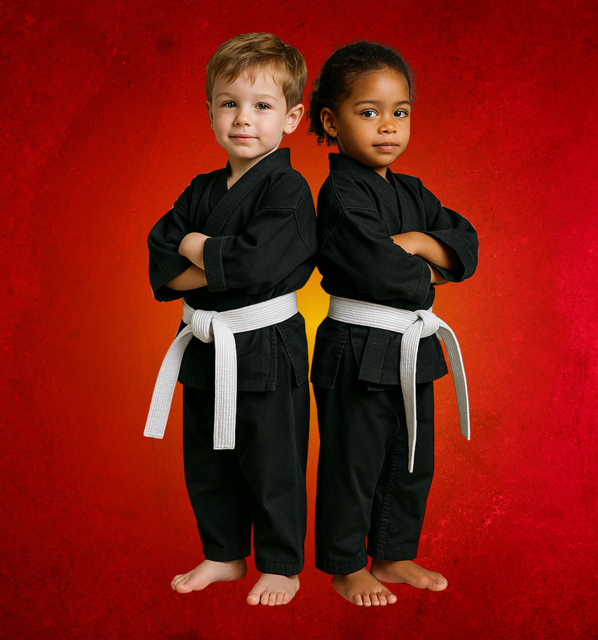 Two young boys in karate uniforms are standing next to each other with their arms crossed.