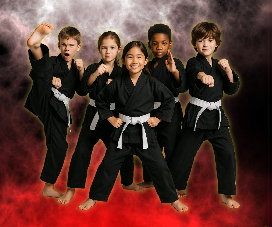 A group of kids in black karate uniforms are posing for a picture