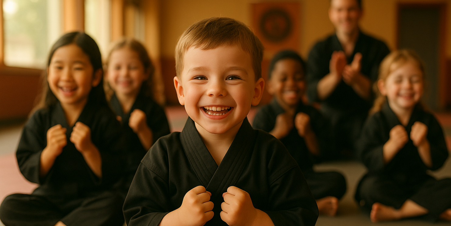A group of young children are sitting on a mat in a karate class