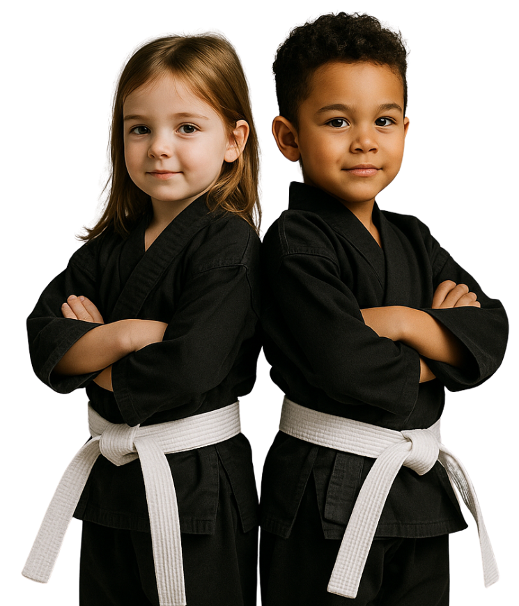 a young boy and a girl wearing karate uniforms are standing back to back and smiling
