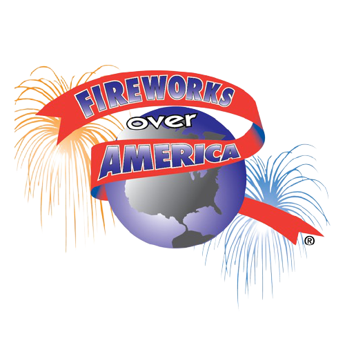 A logo for fireworks over america with fireworks in the background