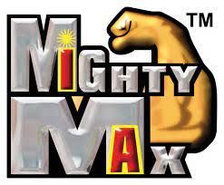 The logo for mighty max is a fist with a sun on it.