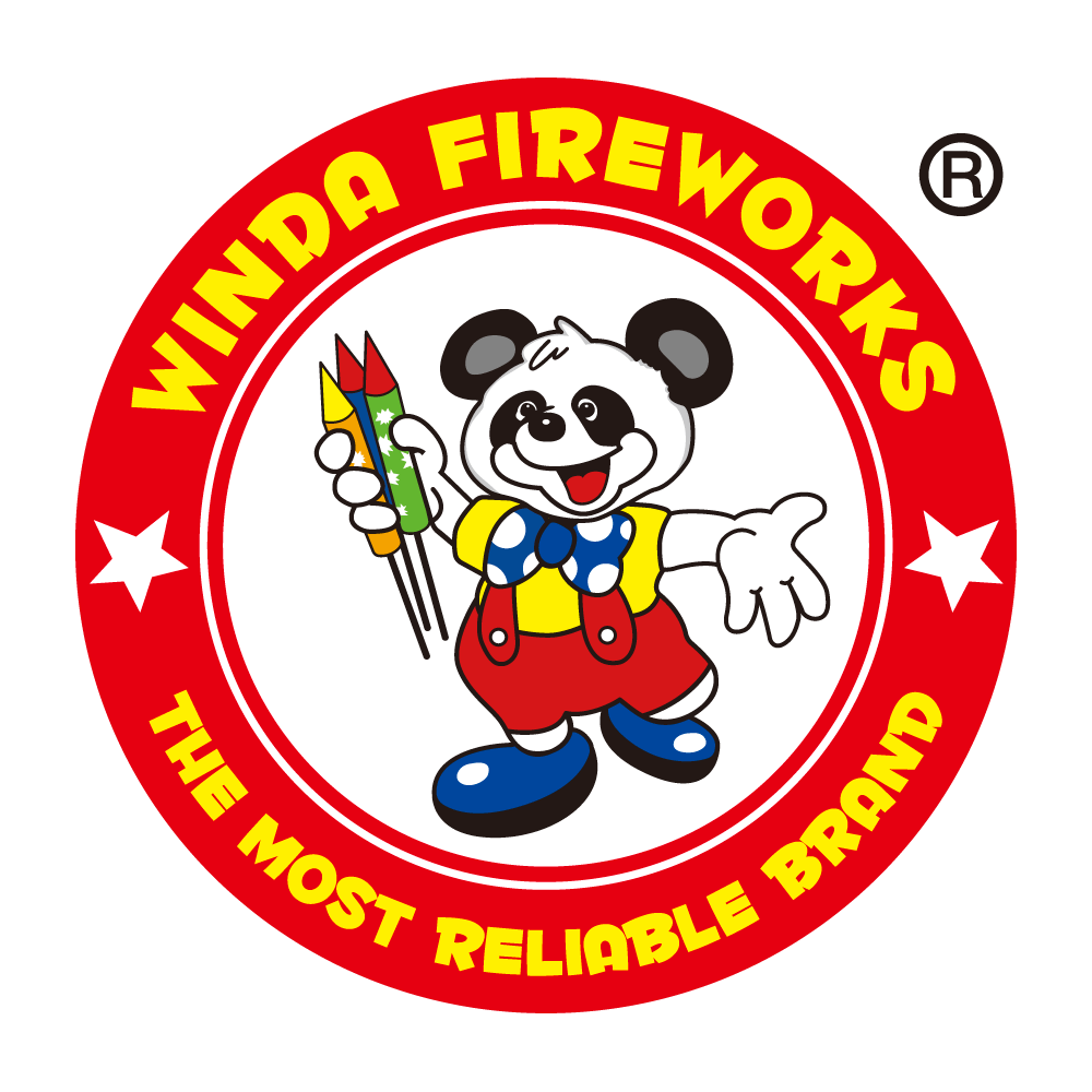 The logo for winda fireworks shows a panda holding fireworks