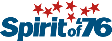 A logo for spirit of 76 with red and blue stars