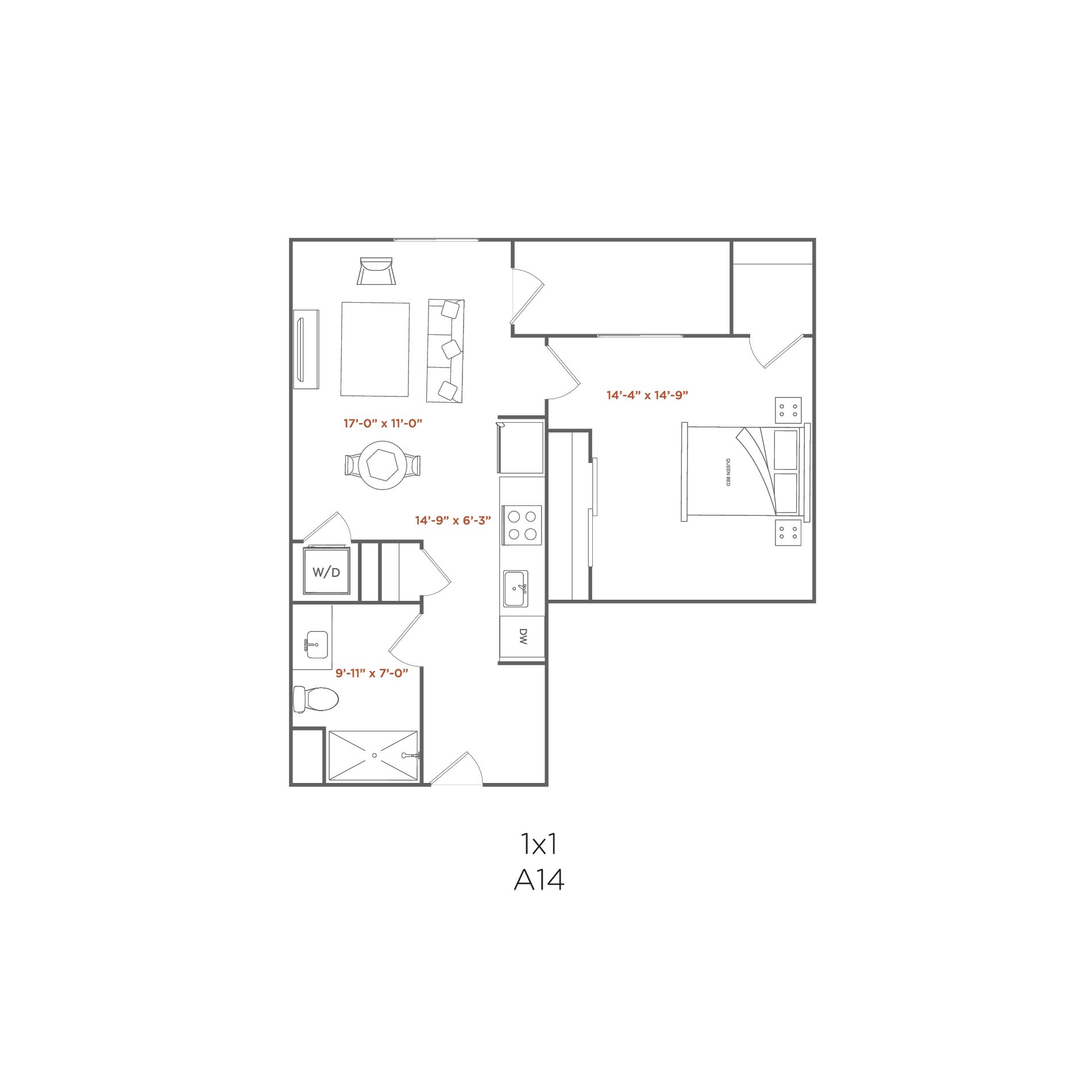 Floor plan of a 1-bedroom apartment with kitchen, living area, bedroom, and bathroom.