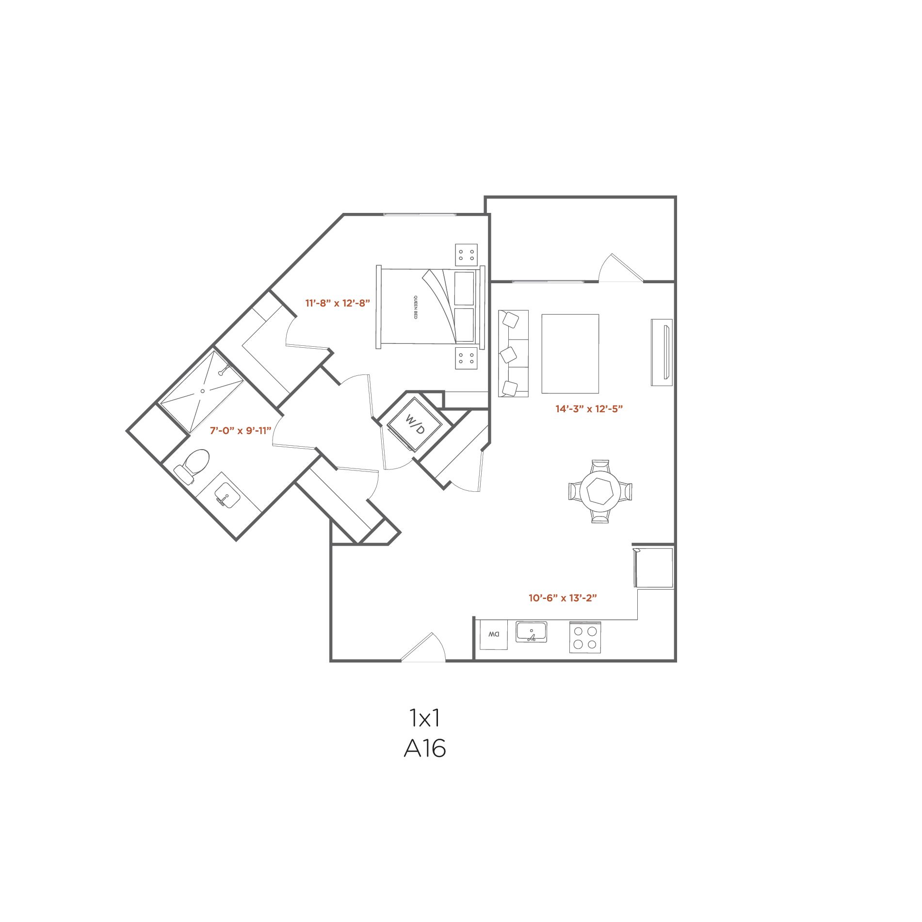 Floor plan of a one-bedroom apartment with a kitchen, living area, and bedroom.