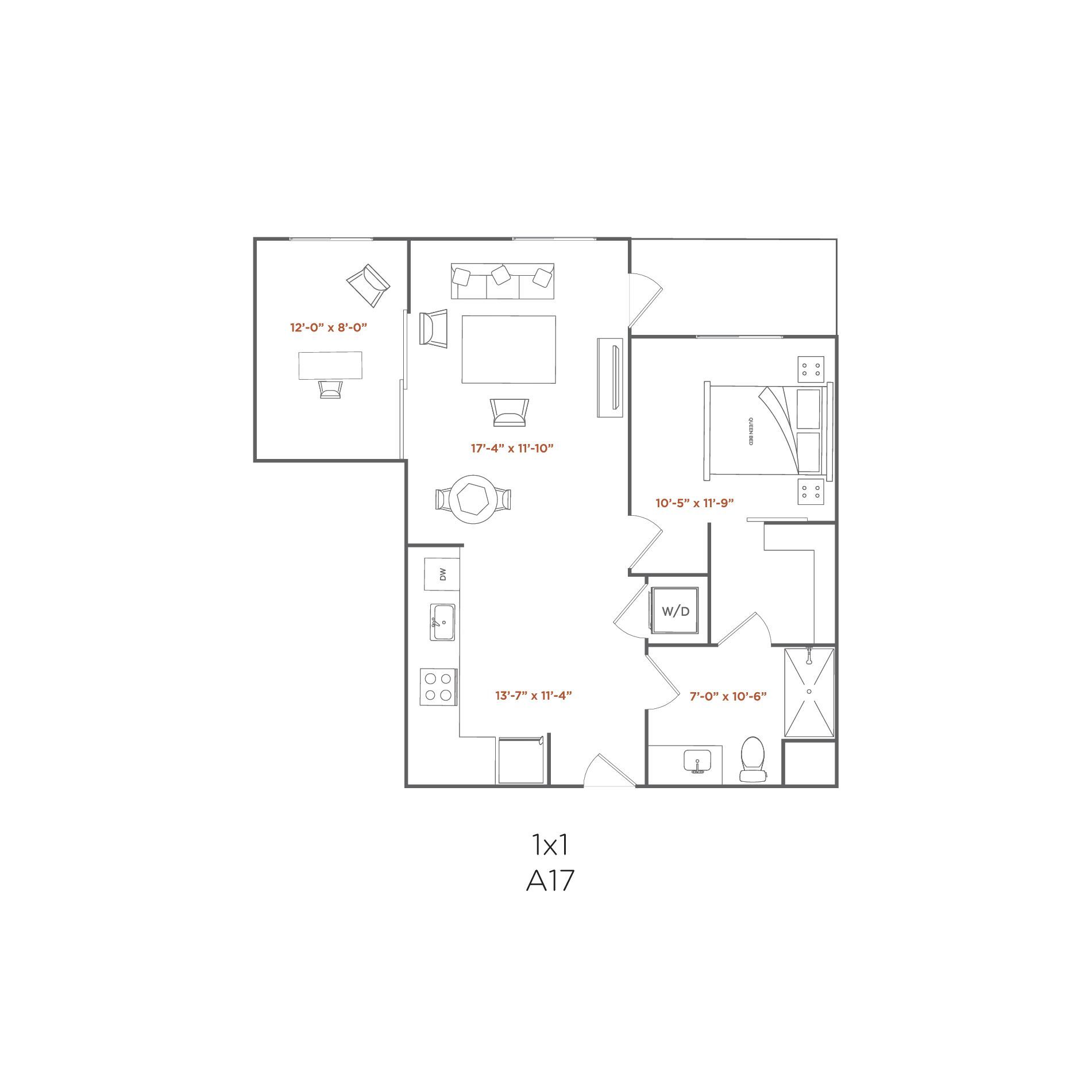 Floor plan of a one-bedroom apartment with living area, kitchen, bedroom, and bathroom.