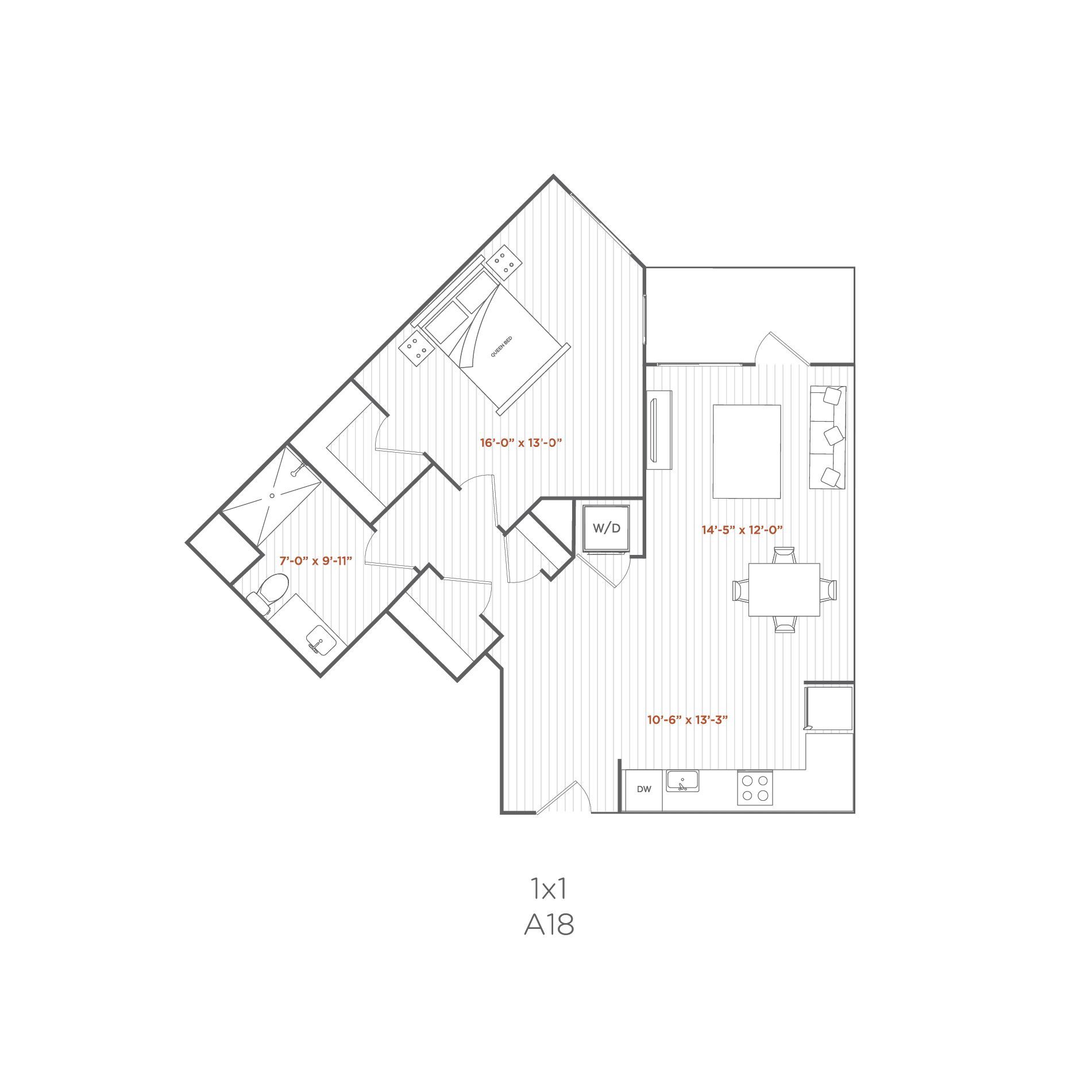 Floor plan: angled one-bedroom apartment layout. Includes bedroom, bathroom, living/dining area, and kitchen.